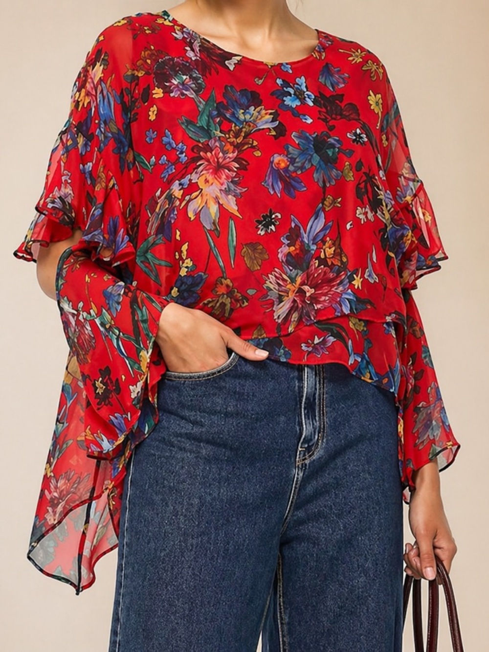 IRO Sheer Silk Floral Blouse | Asymmetrical Hem Flutter Sleeve